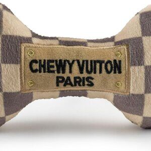 Checker Chewy Vuiton Bone, Plush Designer Dog Toys with Interactive Squeaker, St